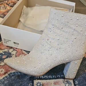 Betsey Johnson Elegant Ivory Ankle Boots with Pearl Detailing